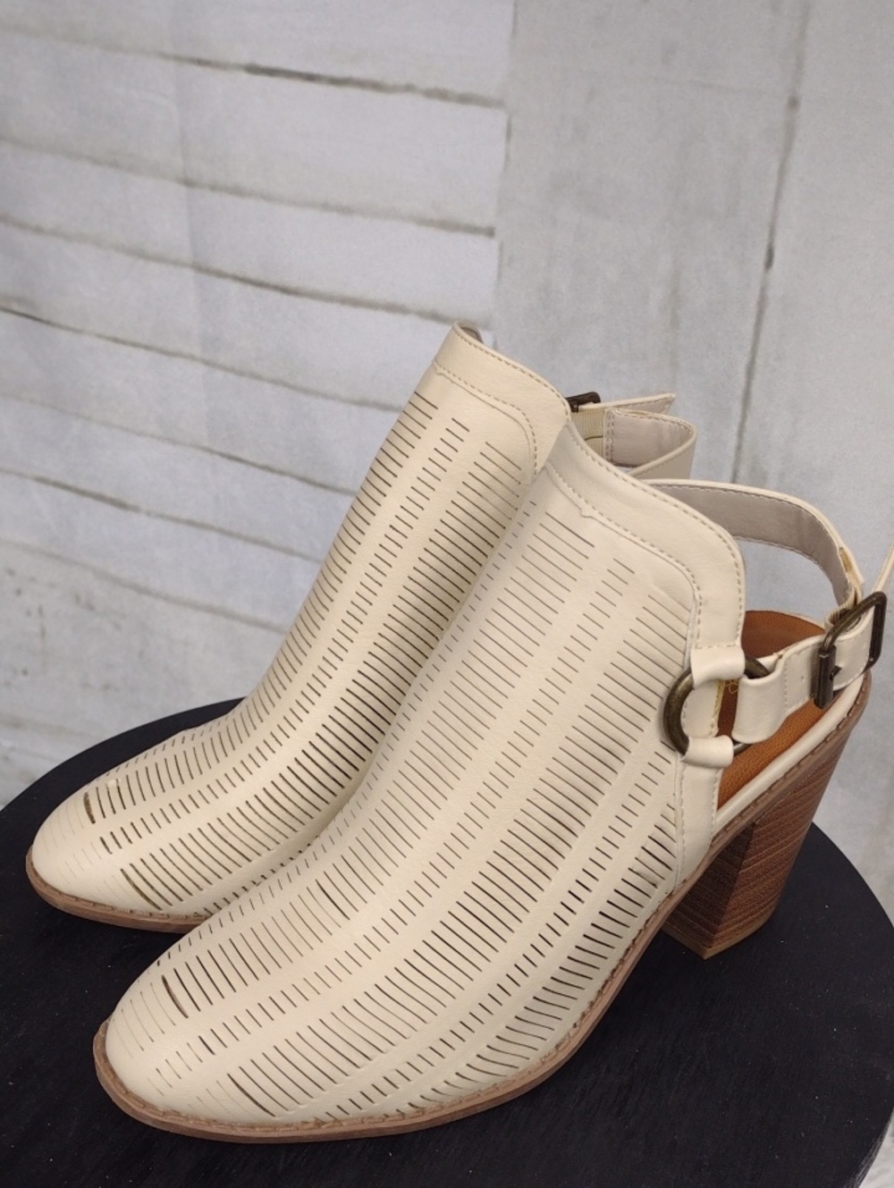 Sugar Bone Laser-Cut Slingback Booties with Block Heel Size 8.5
